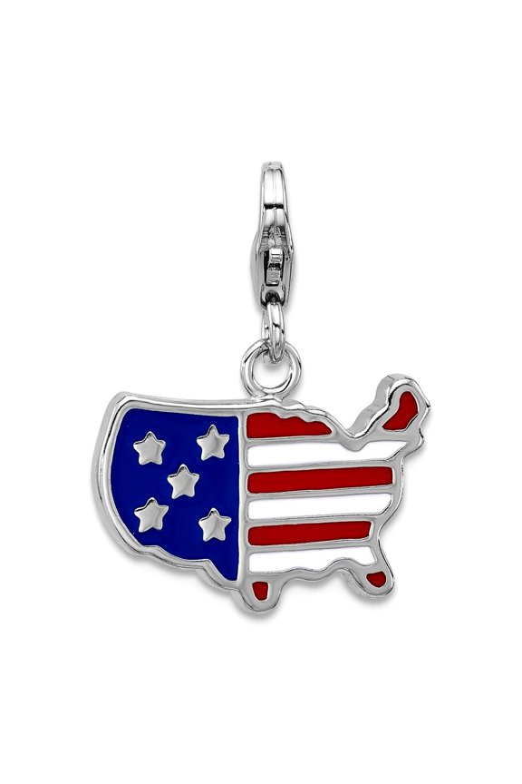 925 Sterling Silver Amore La Vita Rhodium Plated Enameled Usa Map Charm 23.6x18.75mm Wide Pendant Necklace for Women
