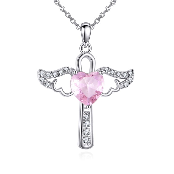 925 Sterling Silver Angel Birthstone Necklaces Heart Cross Necklace for Women Angel Wing Birthstone Cross Charm Pendant Necklace Jewelry for Women