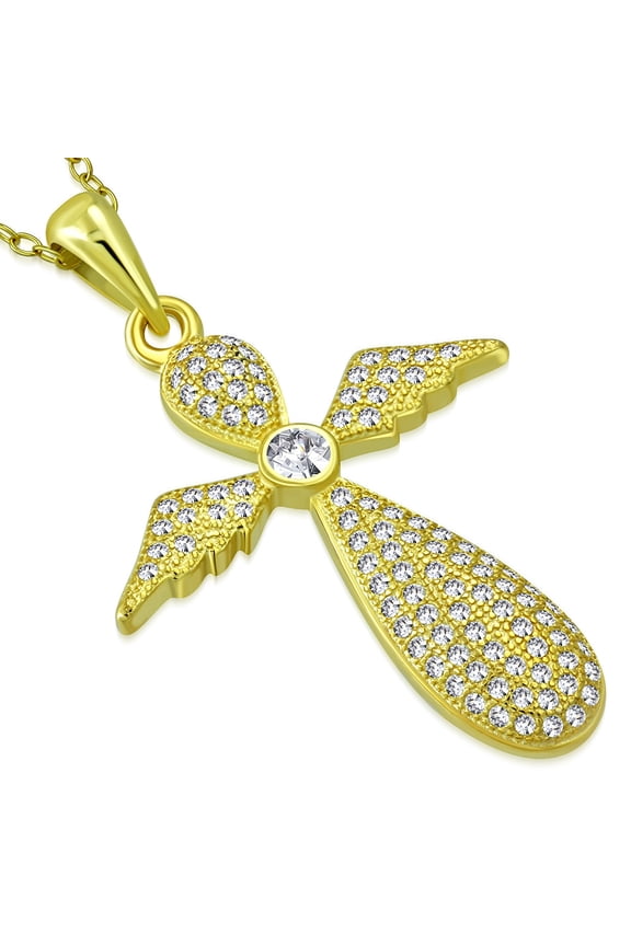 925 Sterling Silver Angel Cross CZ Pendant Necklace