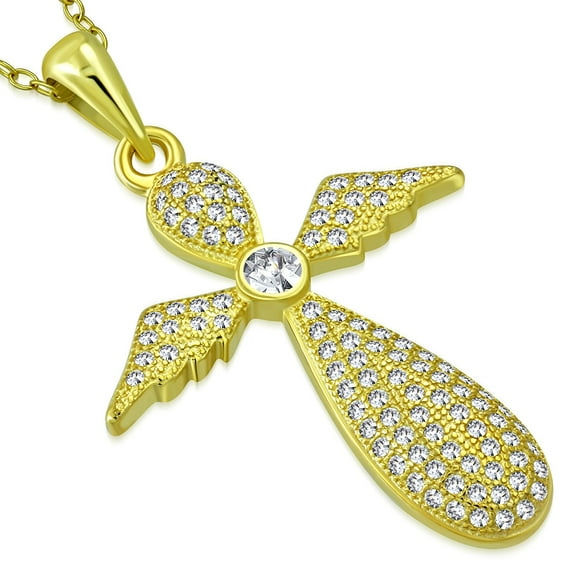 925 Sterling Silver Angel Cross CZ Pendant Necklace
