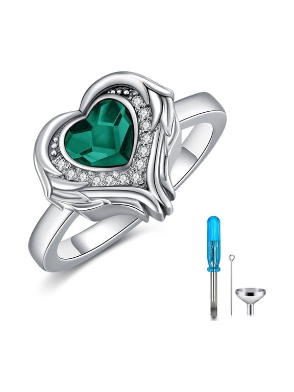 925 Sterling Silver Angel Wing Urn Ring Holds Loved Ones Ashes Heart Cremation Ring for Women, Memorial Keepsake Jewelry with Green Crystal, Size 5