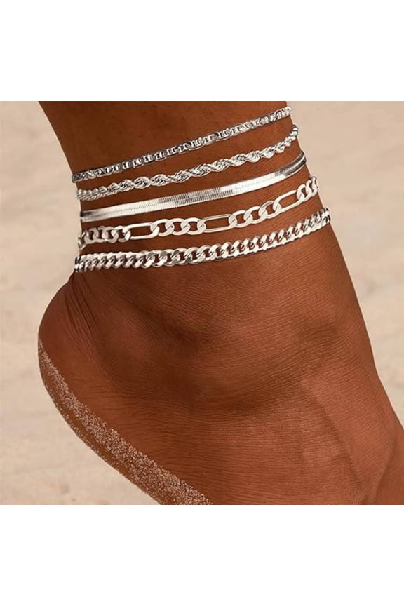 925 Sterling Silver Anklet Bracelet for Women Beach Ankle Bracelets Vintage Anklets Silver Layered Ankle Chain Foot Jewelry 6PC