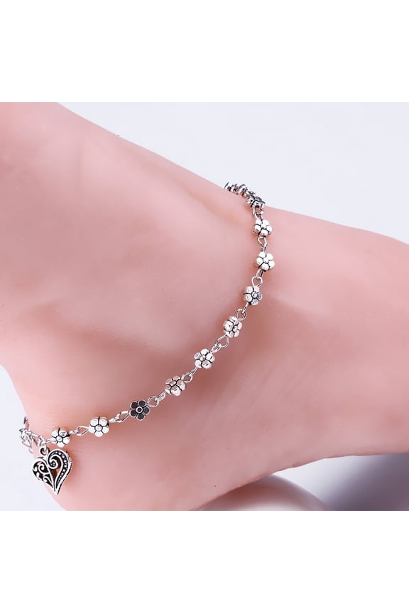 925 Sterling Silver Anklet for Women - Adjustable Beach Jewelry with Heart/Moon/Pearl Charms, Layered Foot Chain Bracelet (7.08in)