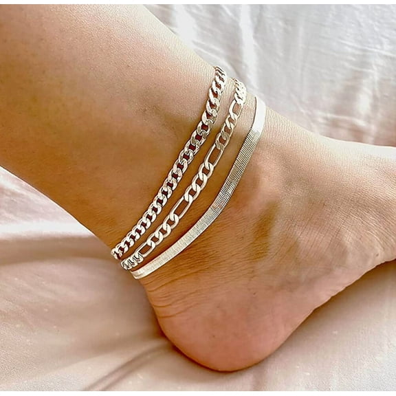 925 Sterling Silver Anklets Jewelry Layered Cuban Chain 3pcs Ankle Bracelets