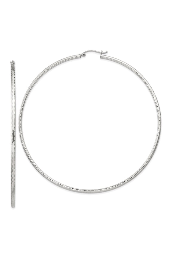 925 Sterling Silver Anti-Tarnish Coating Women's 2mm Diamond Cut Tube Hoop Earrings | 80mm