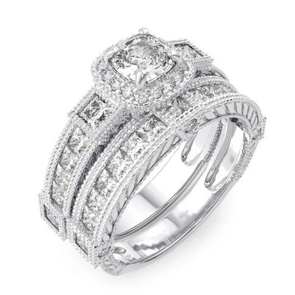 925 Sterling Silver Antique Style Princess Wedding Ring Set - Size 5