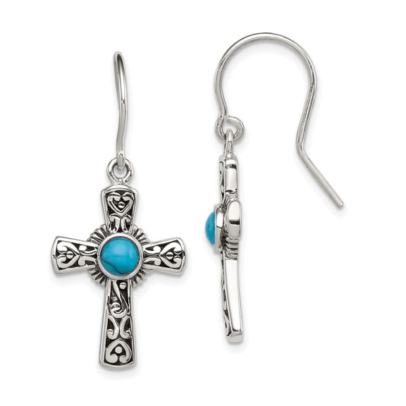 925 Sterling Silver Antiqued Recon Turquoise Cross Shepherd Hook Earrings Fine Jewelry For Women Gifts For Her