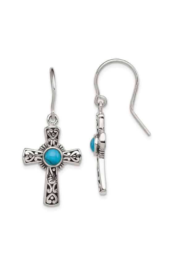 925 Sterling Silver Antiqued Recon Turquoise Cross Shepherd Hook Earrings Fine Jewelry For Women Gifts For Her