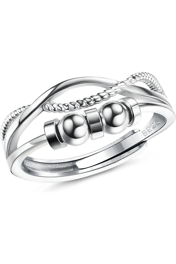 925 Sterling Silver Anxiety Ring for Women Men Fidget Rings for Anxiety Spinning Bead Adjustable Stacking Spinner Band Ring