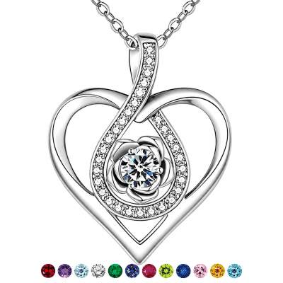 925 Sterling Silver April Birthstone Necklace for Women, Rose Flower Heart Pendant Jewelry, Birthday Valentines Mother's Day