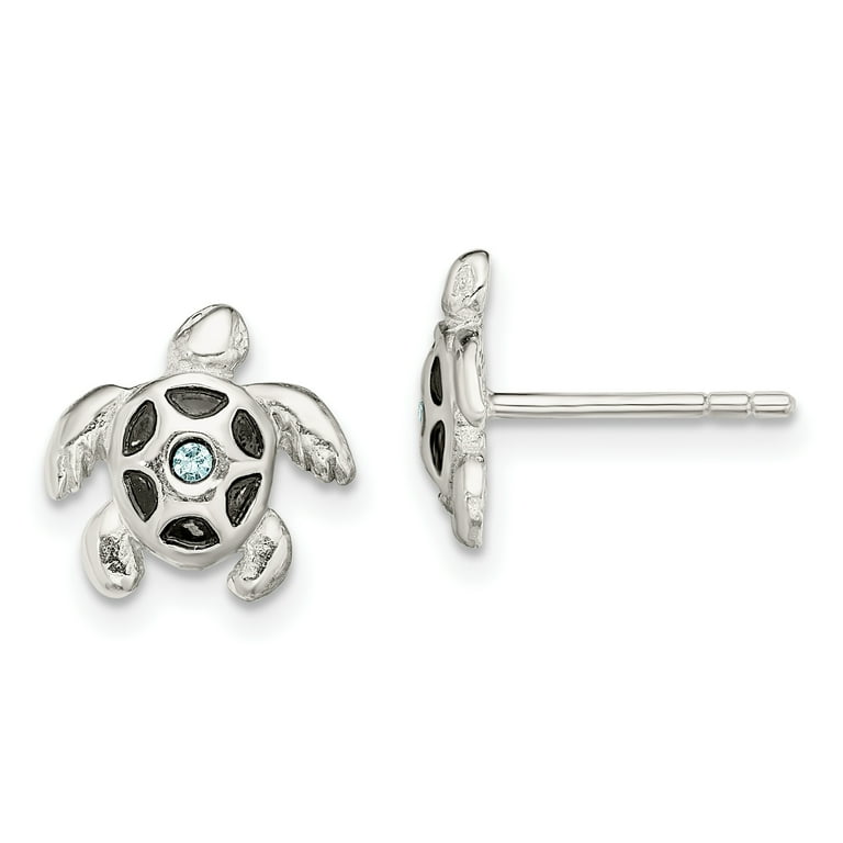 Sterling Silver Antiqued Aqua Crystal Turtle Stud Post Earrings Sterling Silver Antiqued Aqua Crystal Turtle Stud Post Earrings
