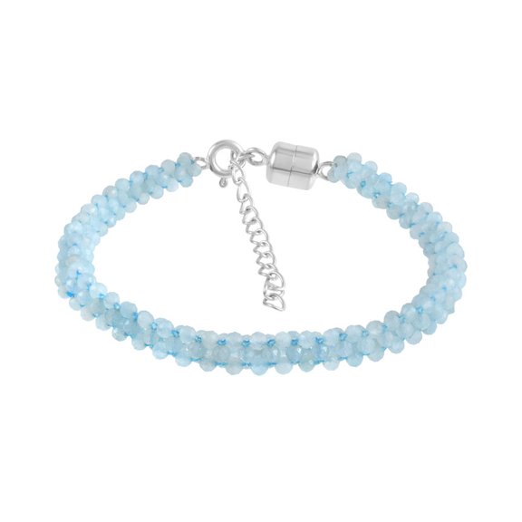 925 Sterling Silver Aquamarine Beaded 6"-8" Adjustable Bracelets, Gemstone Spiritual Jewelry Gifts for Men, Women, Magnetic Closure| Sky Blue