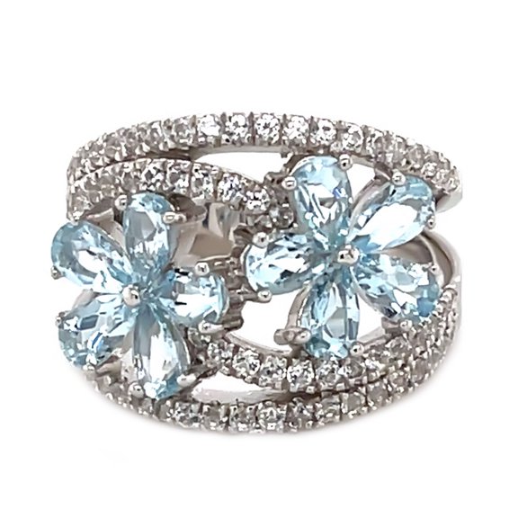 925 Sterling Silver Aquamarine, Created White Sapphire Ring