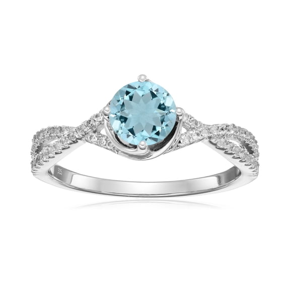 925 Sterling Silver Aquamarine, Created White Sapphire Ring