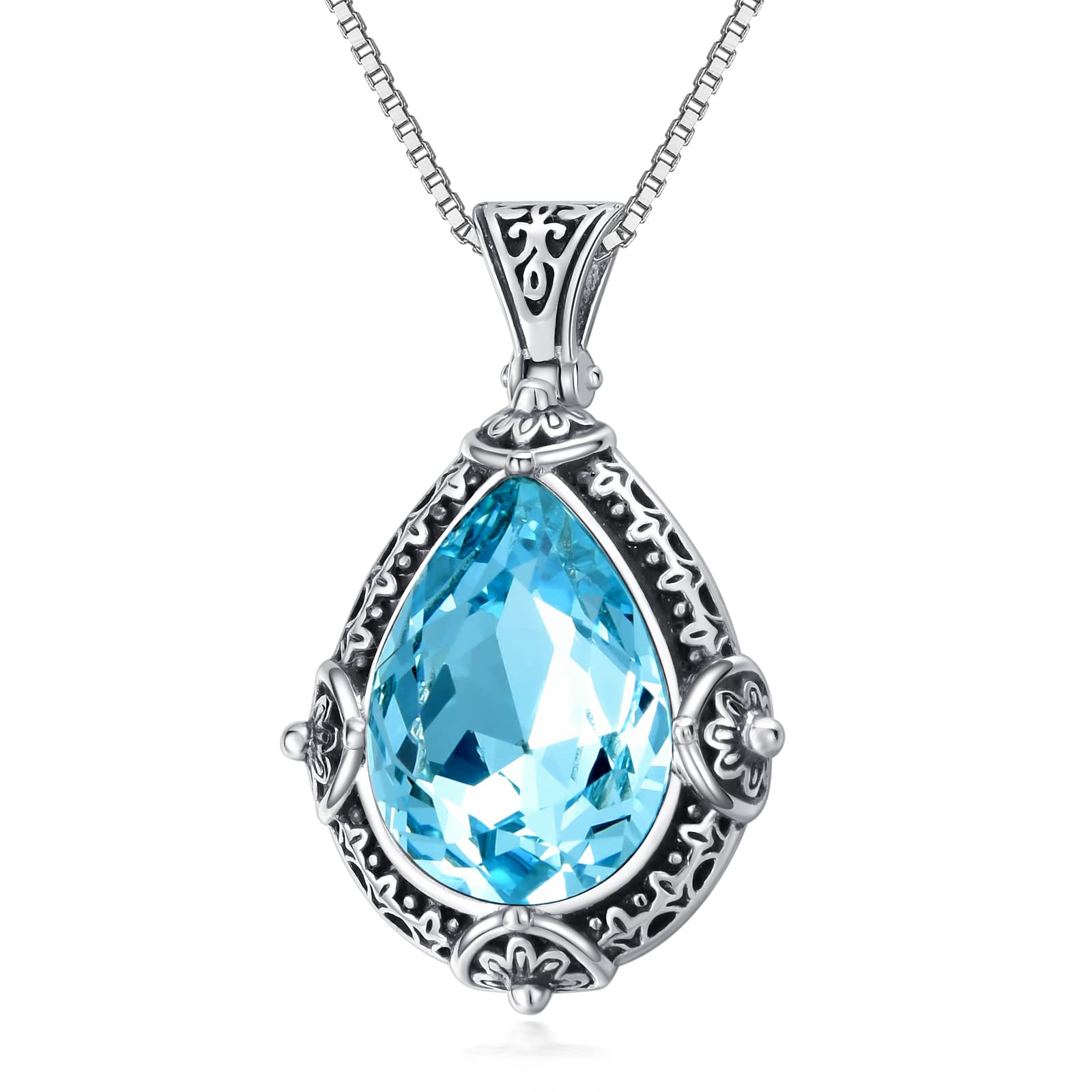 925 Sterling Silver Aquamarine Pendant for Women Filigree Teardrop