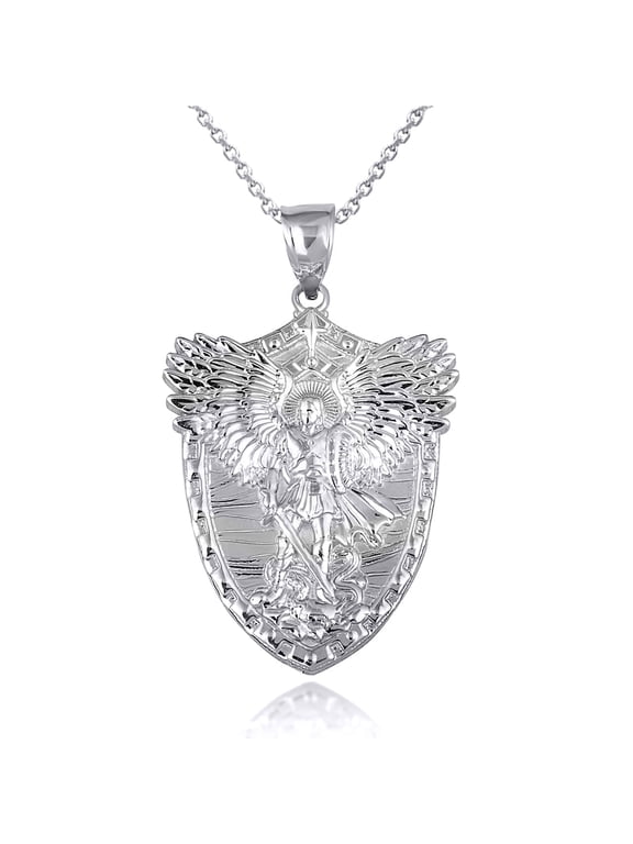 .925 Sterling Silver Archangel Saint Michael Wings Sword & Shield Pendant Necklace (Pendant with 22" chain)