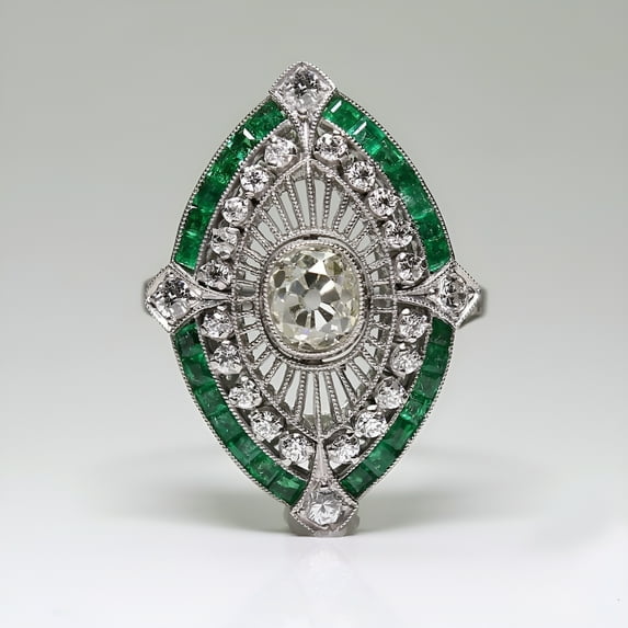 925 Sterling Silver Art Deco Diamond Jewelry Natural Gemstone Emerald Ring