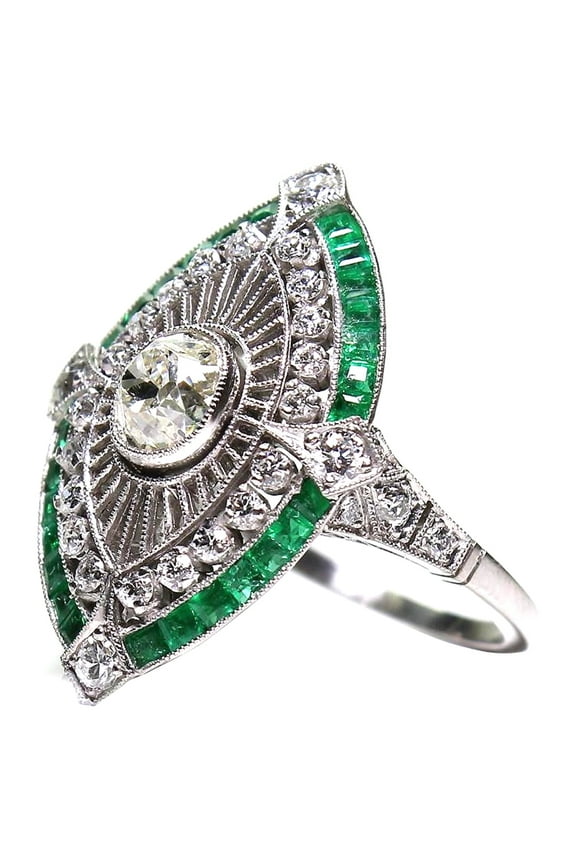 925 Sterling Silver Art Deco Diamond Jewelry Natural Gemstone Emerald Ring
