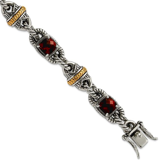 925 Sterling Silver Oxidized Box Catch Closure With 14k 5.48Garnet 7.25inch Bracelet 9.6mm Wide Link Bracelet for Women