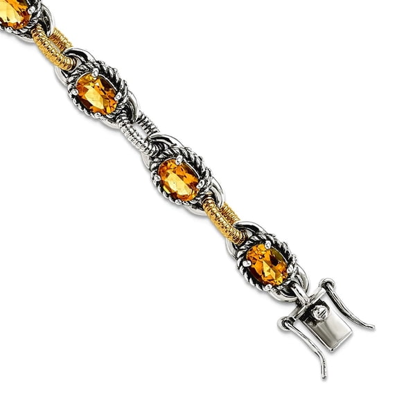 925 Sterling Silver Oxidized Box Catch Closure With 14k 7.62Citrine 7.75inch Bracelet 8.25mm Wide Link Bracelet for Wome