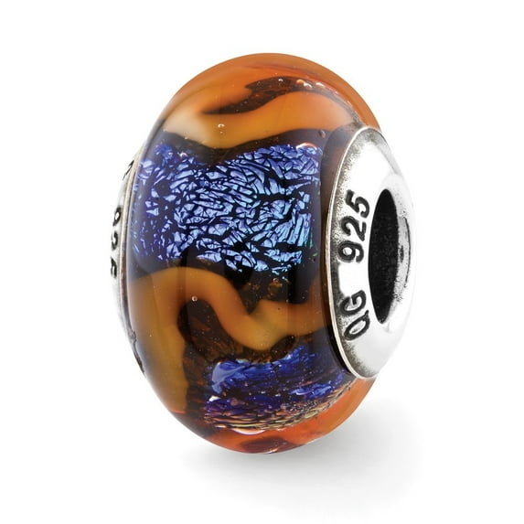 Sterling Silver Reflections Blue With Orange Swirls Glass Bead Charm - Measures 12.73x9.09mm Wide