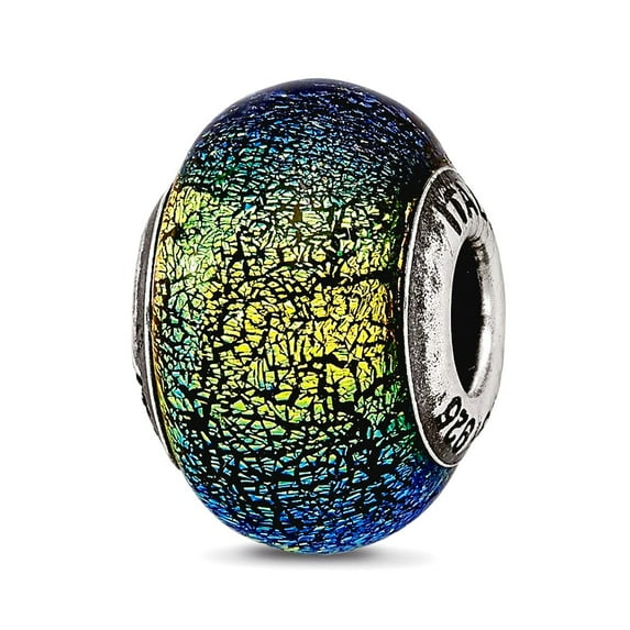 925 Sterling Silver Oxidized Italian Murano Glass Reflections Green and Blue Glass Bead Charm 12.73x9.09mm Wide Pendant