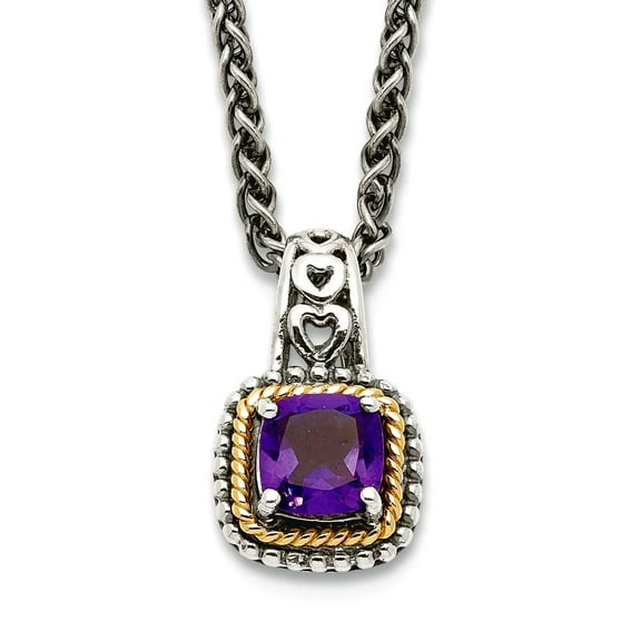 925 Sterling Silver Oxidized Lobster Claw Closure With 14k Amethyst Pendant Necklace 12mm Wide Pendant for Women