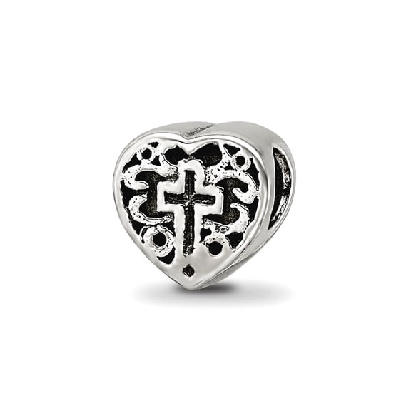 925 Sterling Silver Oxidized Reflections Love Heart With Religious Faith Cross and Scroll Bead Charm 6.36x6.36mm Wide Pe