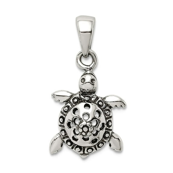 925 Sterling Silver Oxidized Turtle Pendant Necklace 16.88x11.24mm Wide Pendant for Women
