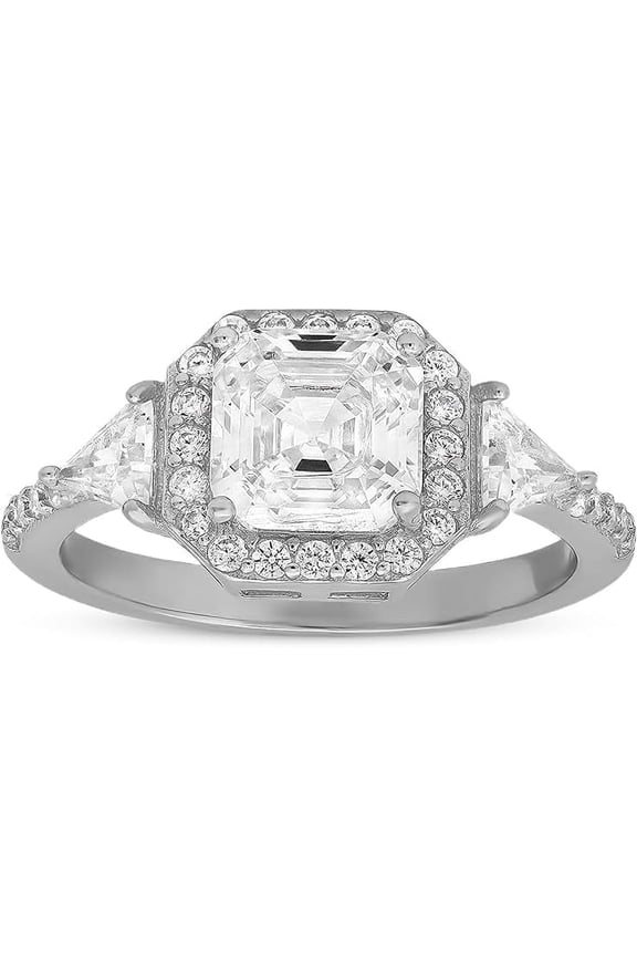 925 Sterling Silver Asscher-cut Halo Diamond Cubic Zirconia Ring | Engagement Ring, Wedding Rings for Women