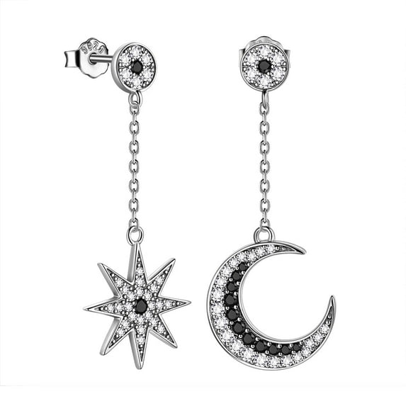 925 Sterling Silver Asymmetric Celestial Moon Star Drop Earrings Dangle Black CZ Fine Jewelry Women Mother Wife Christmas Valentine's Day Gift for Her