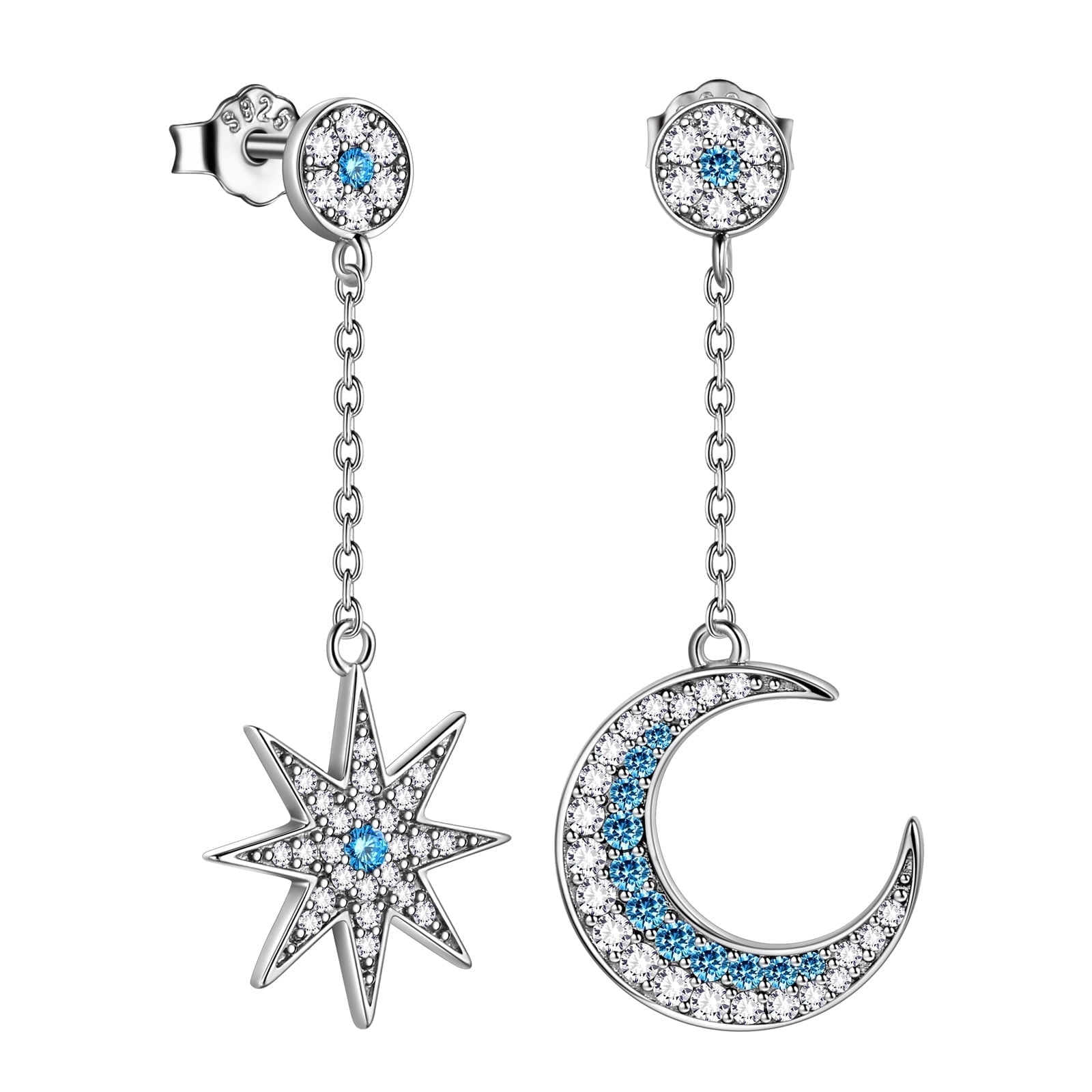 Juwaliy 925 Sterling Silver Asymmetric Moon Star Dangle Drop Earrings Dangle Blue Crystal Jewelry Christmas Valentine's Day Gift for Women Mother Wife