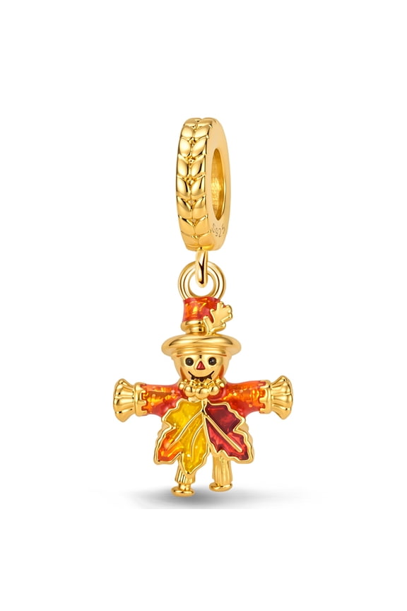 925 Sterling Silver Autumn Scarecrow Dangle Charm, Maple Leaf Orange Red Enamel Pendant Bead, Fall Harvest Charm Compatible with European Bracelet & Necklace, Jewelry Gift for Women