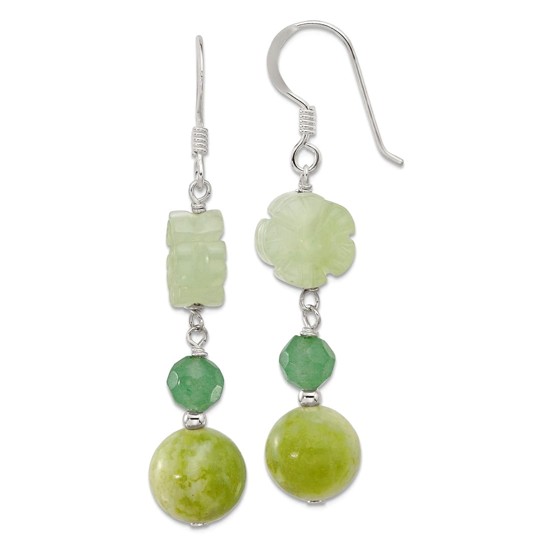 925 Sterling Silver Aventurine and Dyed Jade Flower Shepherd Hook Earrings 52x10.25mm Wide Stud Earring for Women