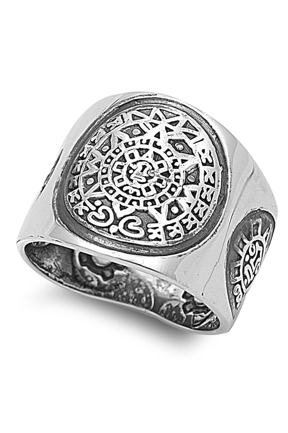 925 Sterling Silver Aztec Mayan Calendar Ring Size 14