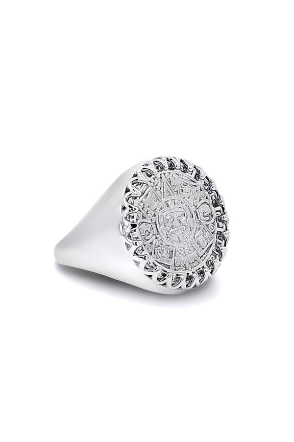 .925 Sterling Silver Aztec Mayan Sun Calendar Signet Ring (Size 13)