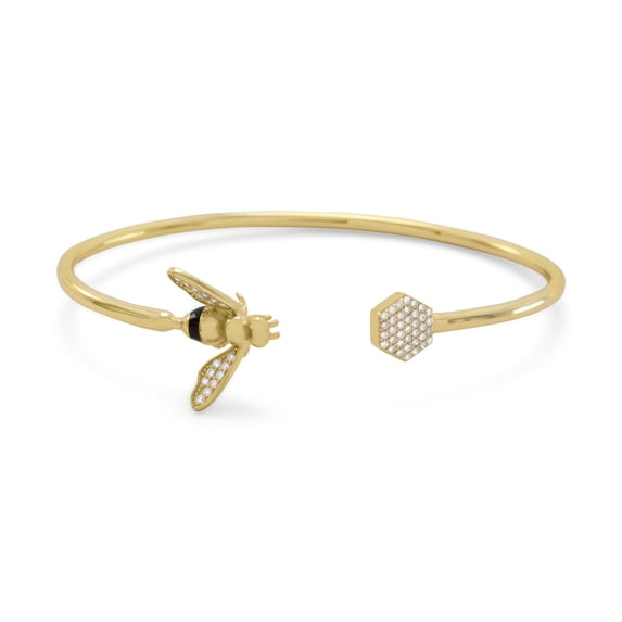 .925 Sterling Silver "BEE Mine!" 14 Karat Gold Plated and Bee Flex Cuff Women's Bracelet