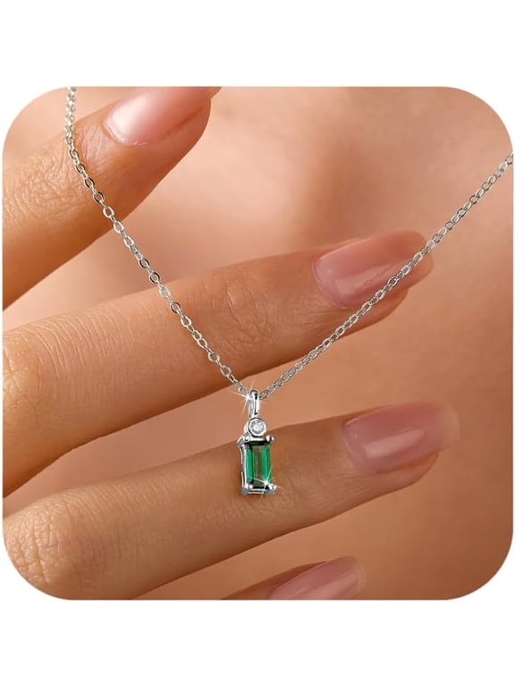 925 Sterling Silver Baguette Emerald Cubic Zirconia Necklaces for Women Dainty 14k Gold Plated Green Birthstone Charm Chain Pendant Necklace Birthday Jewelry Gifts for Mom Wife