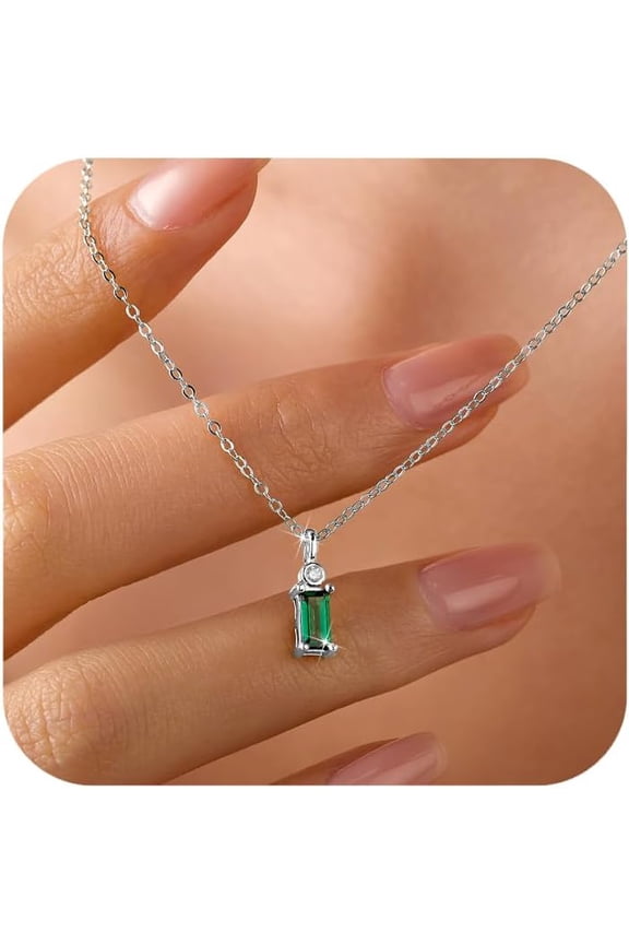 925 Sterling Silver Baguette Emerald Cubic Zirconia Necklaces for Women Dainty 14k Gold Plated Green Birthstone Charm Chain Pendant Necklace Birthday Jewelry Gifts for Mom Wife
