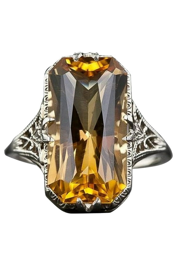 925 Sterling Silver Baguette Emerald Cut Lemon Engagement Band Rings