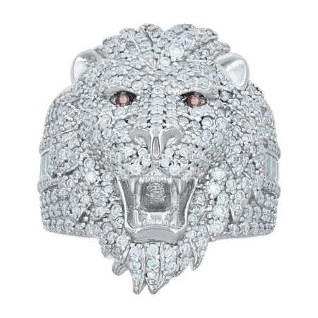 925 Sterling Silver Baguette Moissanite Statement Red Eyed Roaring Lion Pinky Ring 3.19 CT | Size 8