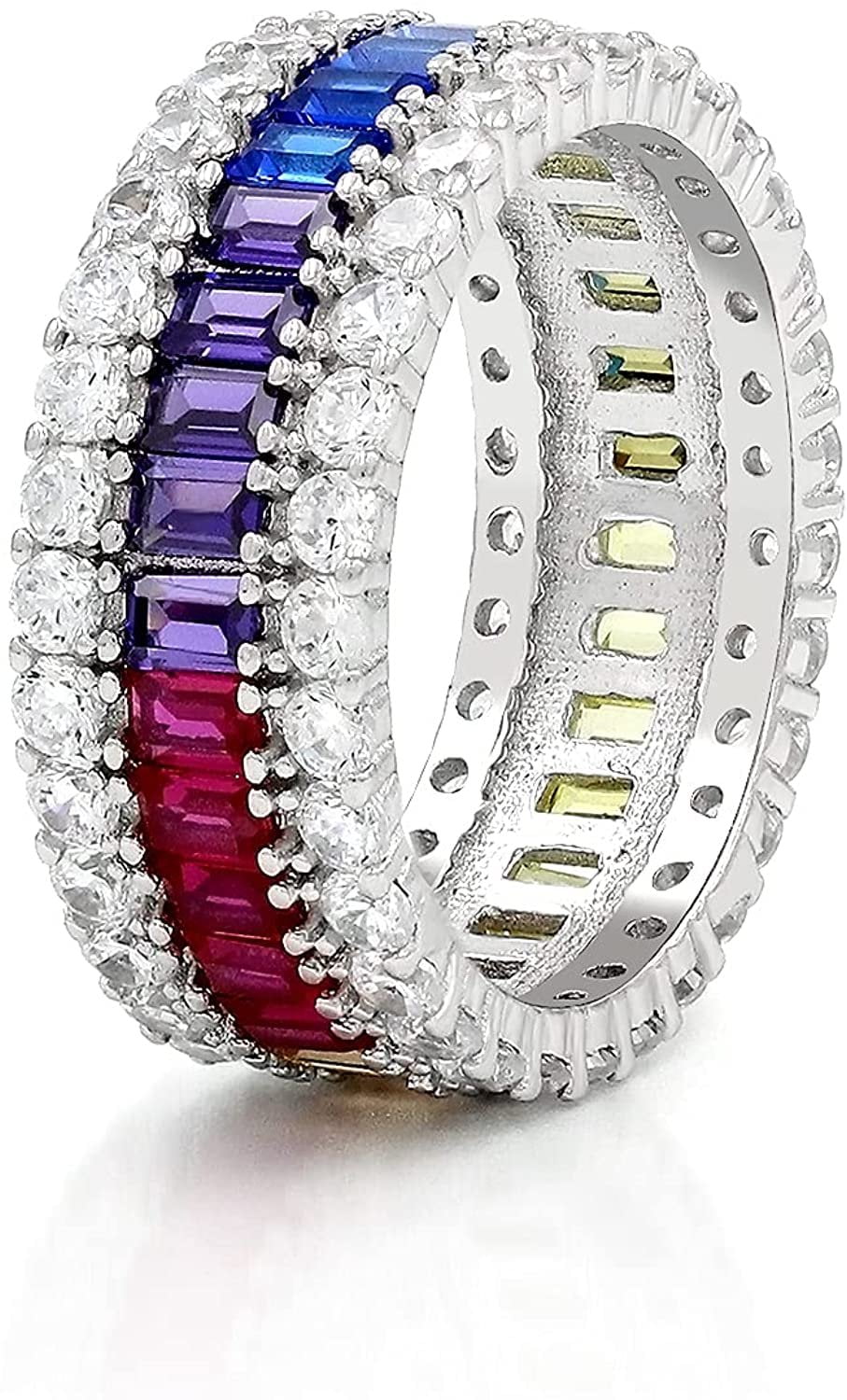 .925 Sterling Silver Baguette & Round Rainbow Eternity Band Ring, Micro  Pave Cubic Zirconia, Giorgio Bergamo Size 6
