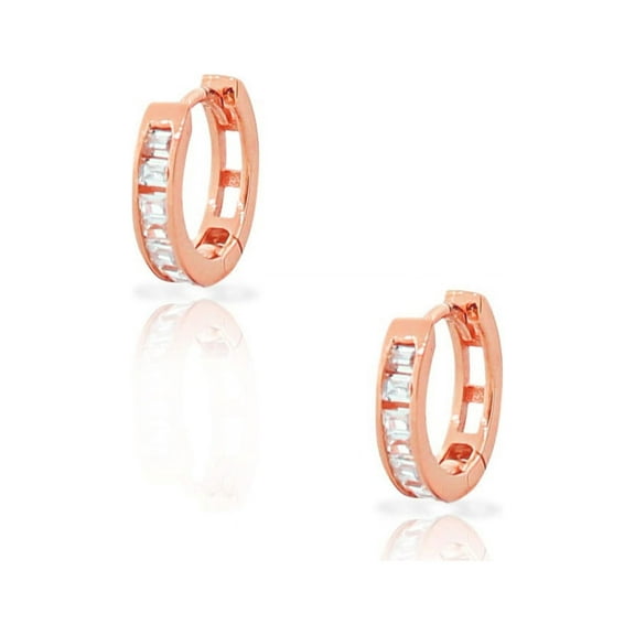 925 Sterling Silver Baguette White CZ Small Hoop Huggie Earrings