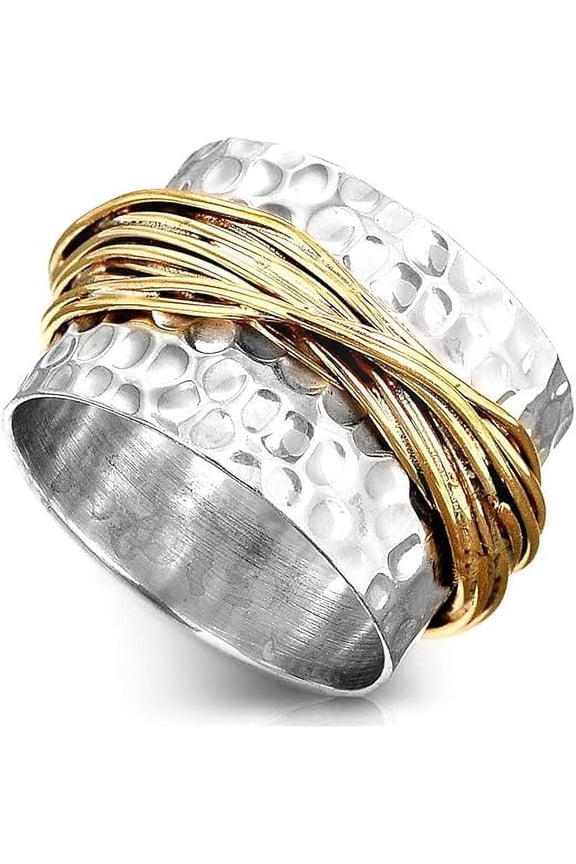 925 Sterling Silver Band Ring for Women with Brass Wrap Wide Statement Ring