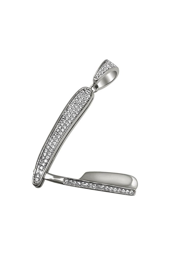 .925 Sterling Silver Barber Razor CZ Bling Bling Pendant