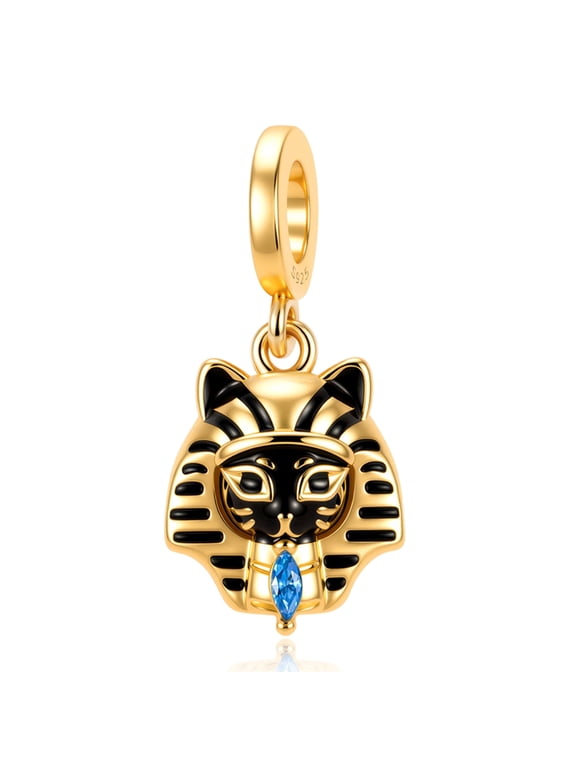 925 Sterling Silver Bastet Pharaoh Cat Dangle Charm, Black Enamel Blue Zircon Egyptian Symbol Bead for European Bracelet Necklace