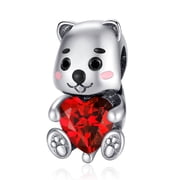925 Sterling Silver Bear Red Heart Stone Charm For Bracelets Necklace