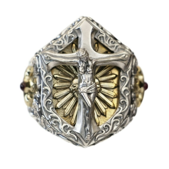 925 Sterling Silver Beauty Cross Brass Shield Ring TA463 US Size 15