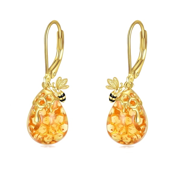 925 Sterling Silver Bee Earrings for Women 18K Gold Plated Amber Jewelry Leverback Dangle Earring Birthday Gifts for Her (Amber Bee Teardrop Earrings)