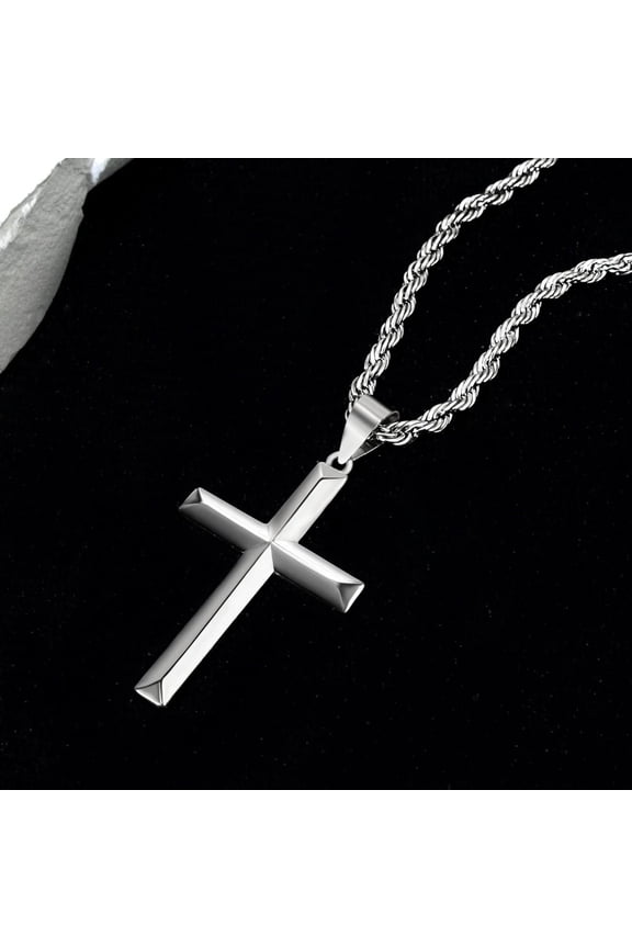 925 Sterling Silver Beveled Edge Cross Pendant Necklace for Men & Women  Strong Durable Rope Chain Jewelryen